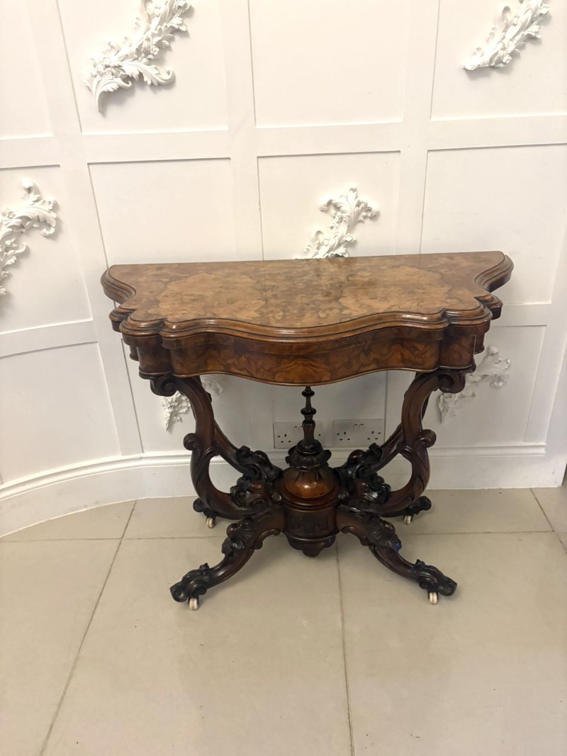 Antique Exceptional Quality Victorian Burr Walnut Card Table/Console Table with Carved Basket Base